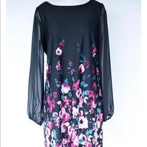 Chiffon-sleeve floral polished knit shift dress